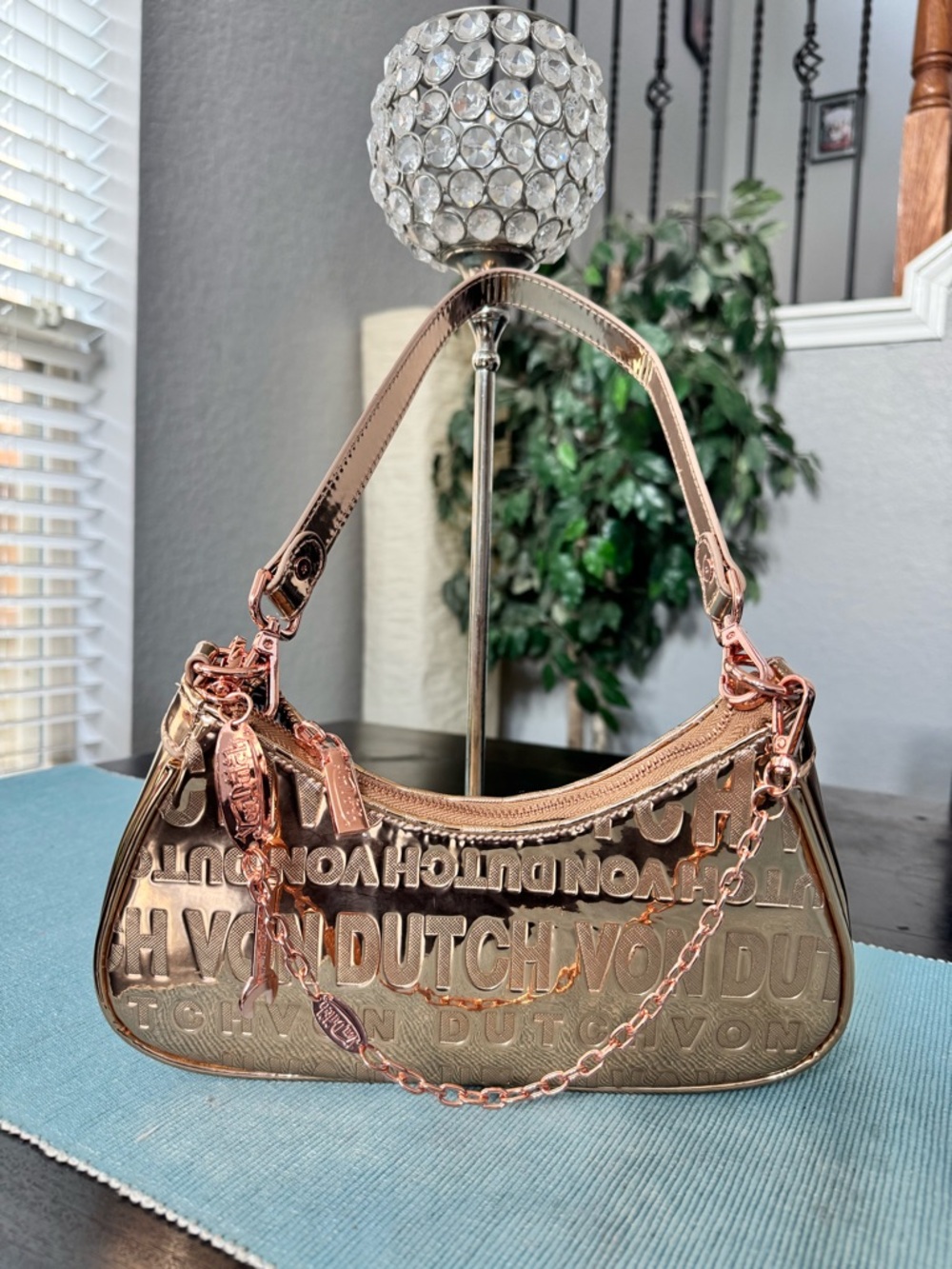 Von Dutch Rose Gold Metallic Embossed Shoulder Bag